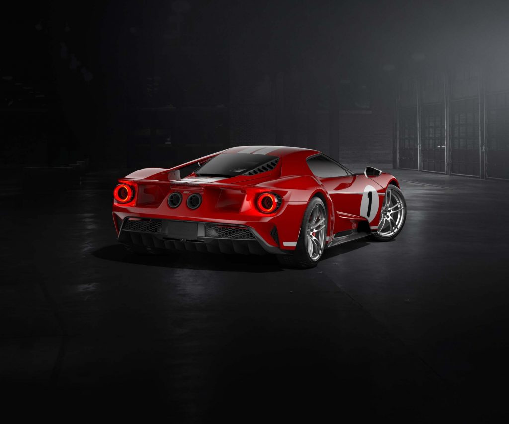 Ford GT ’67 Heritage edition with unique red-and-white-stripe livery celebrates 1967 Le Mans-winning GT40 Mark IV race car driven by all-American team of Dan Gurney and A.J. Foyt